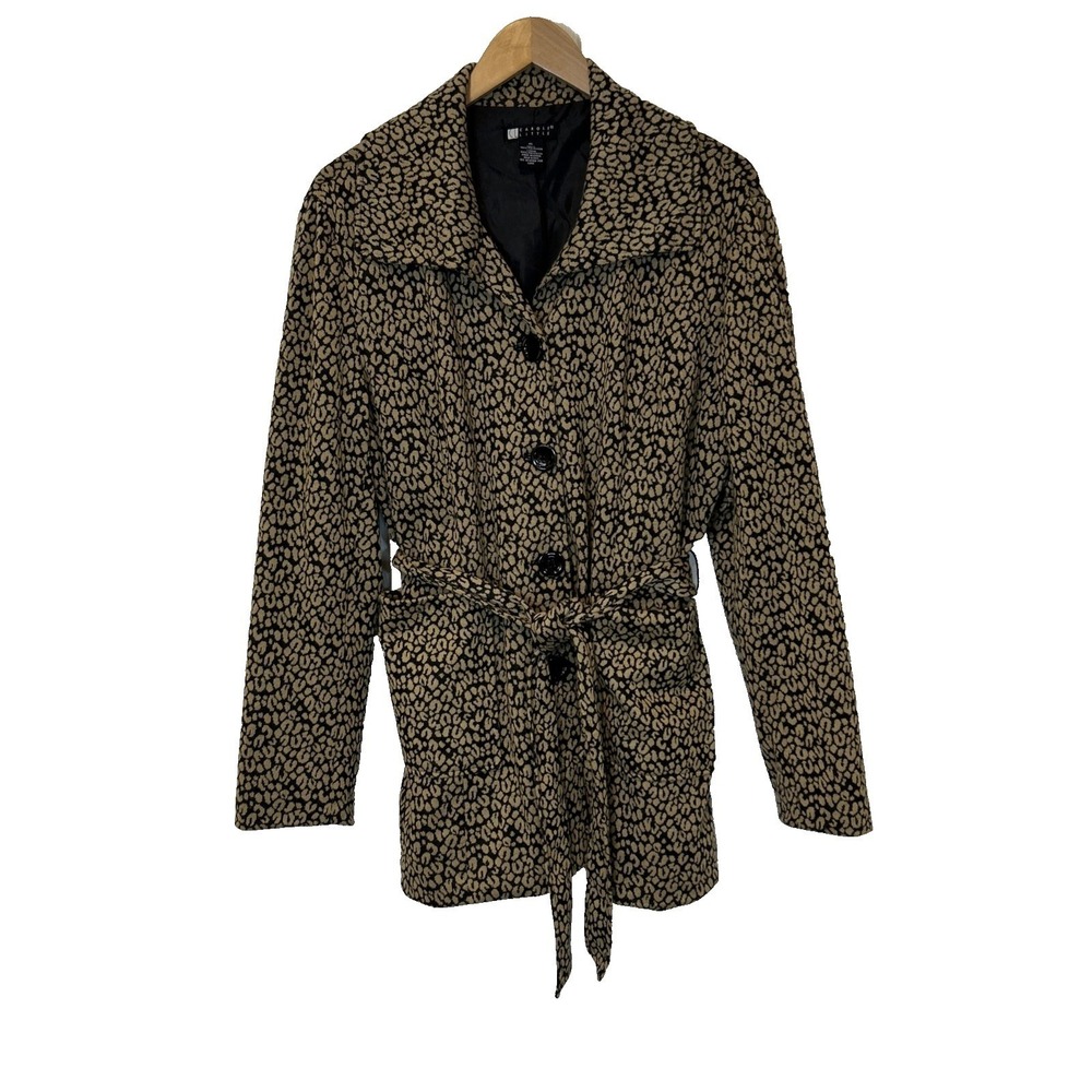 Carole Little Leopard Print Belted Jacket Women XL Tan Black Animal Pattern - Picture 2 of 8
